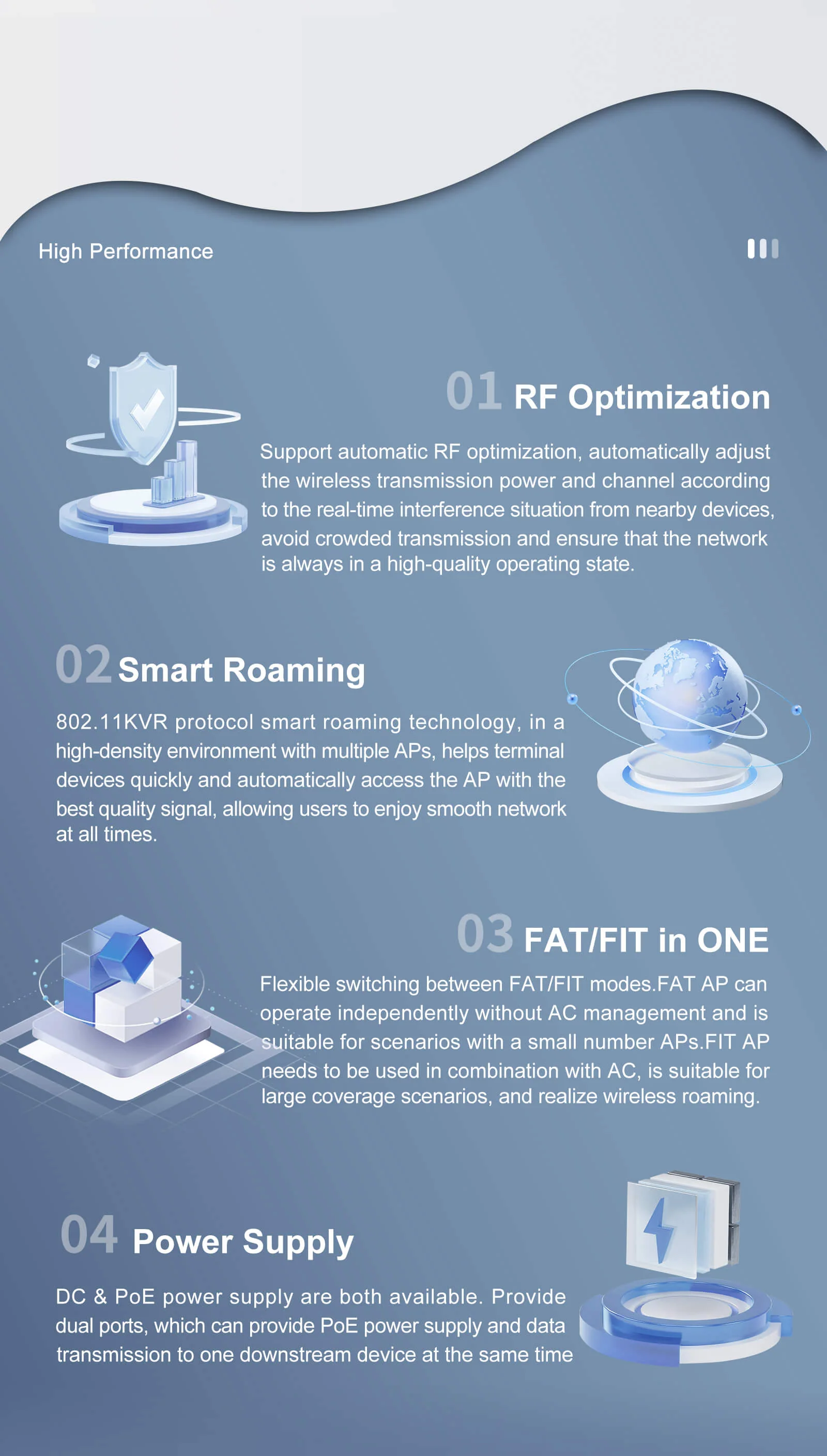 RF optimization, smart roaming, FAT/FIT and power supply